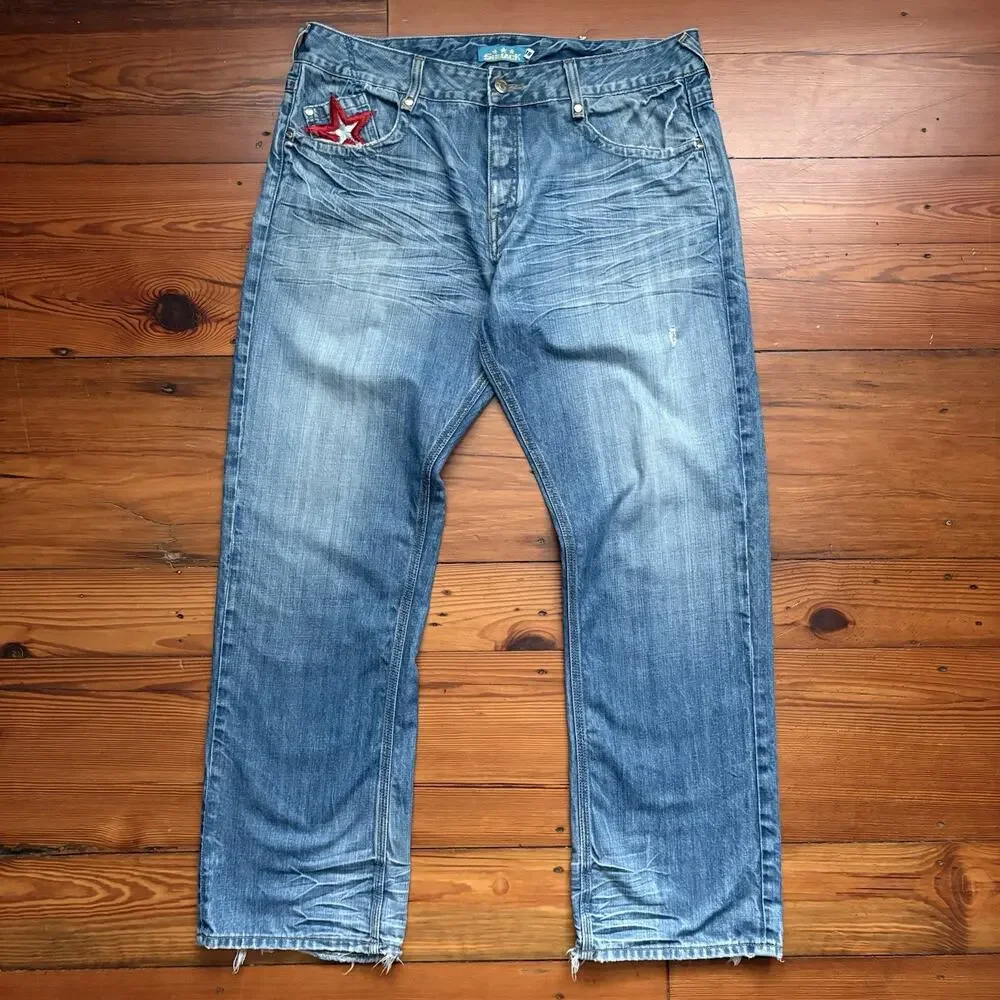 Vintage Y2K Shmack Jeans Men's Size 38 Loose Wide Leg Baggy Light Whiskers Stars